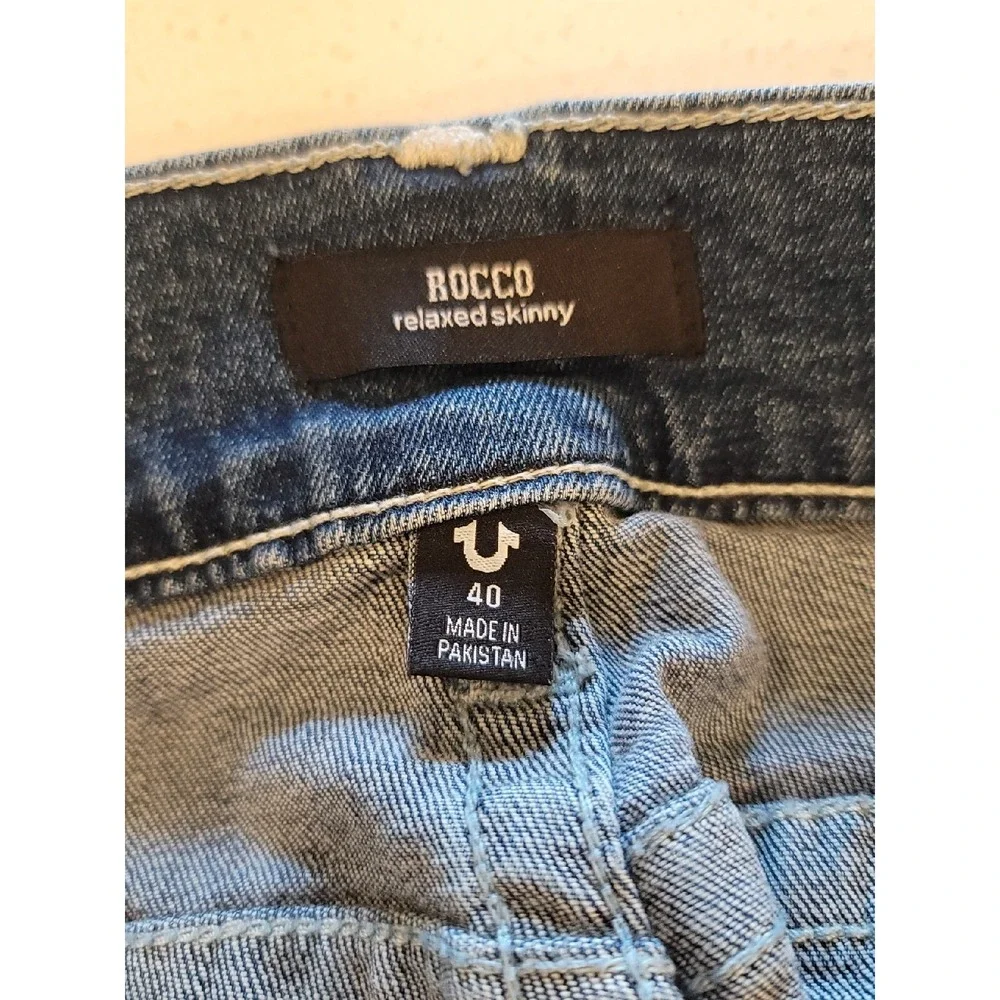 True Religion Men's Blue Rocco Dark Wash Relaxed Skinny Flap Jeans Size 40x33